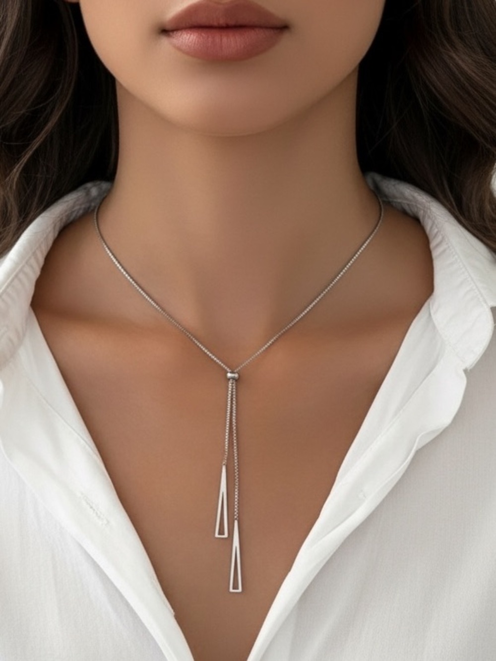 Adjustable White Gold Plated Triangle charm Y lariat necklace. New.